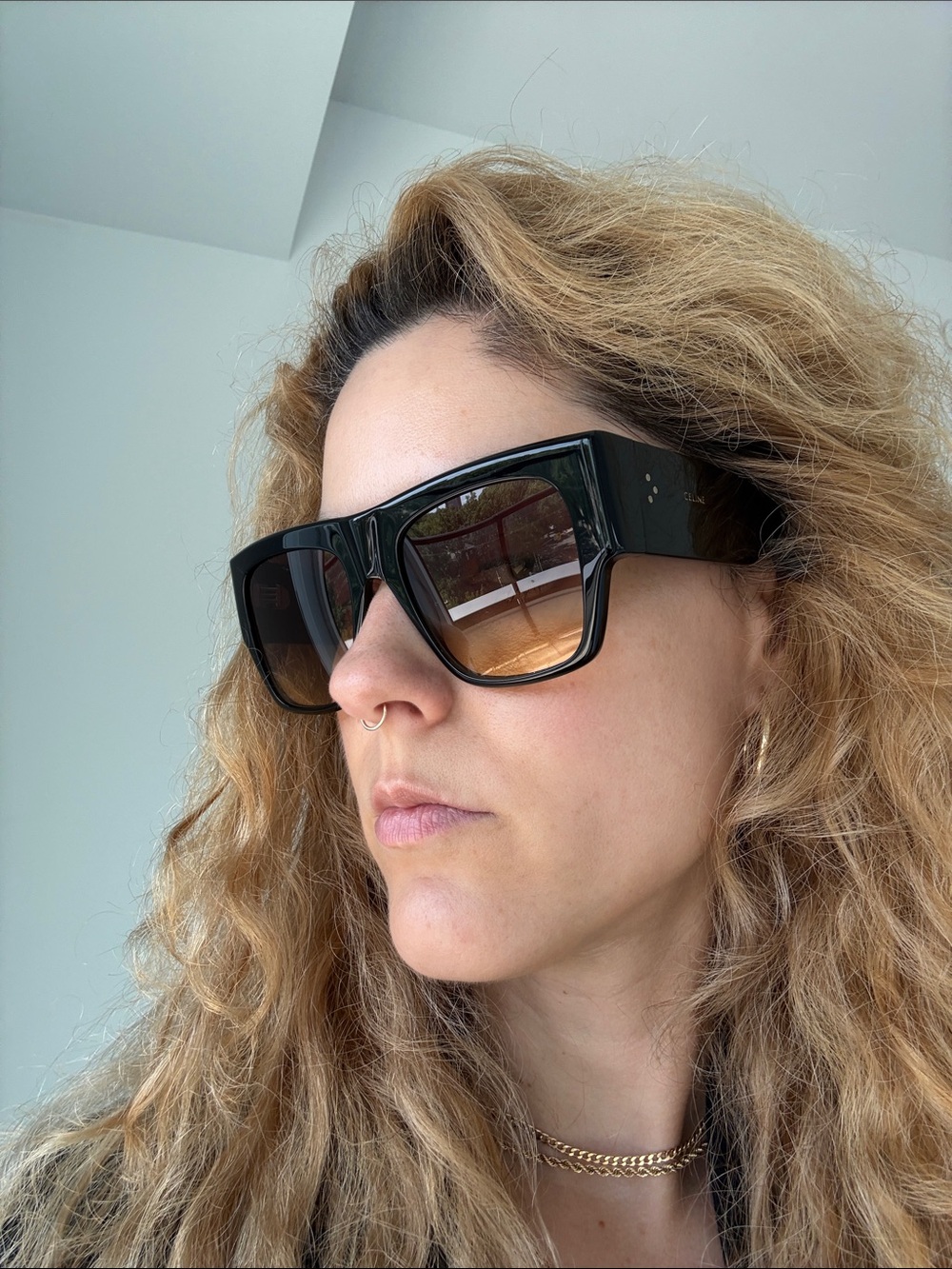 Celine Glossy Black Shield Sunglasses with Gold Logo